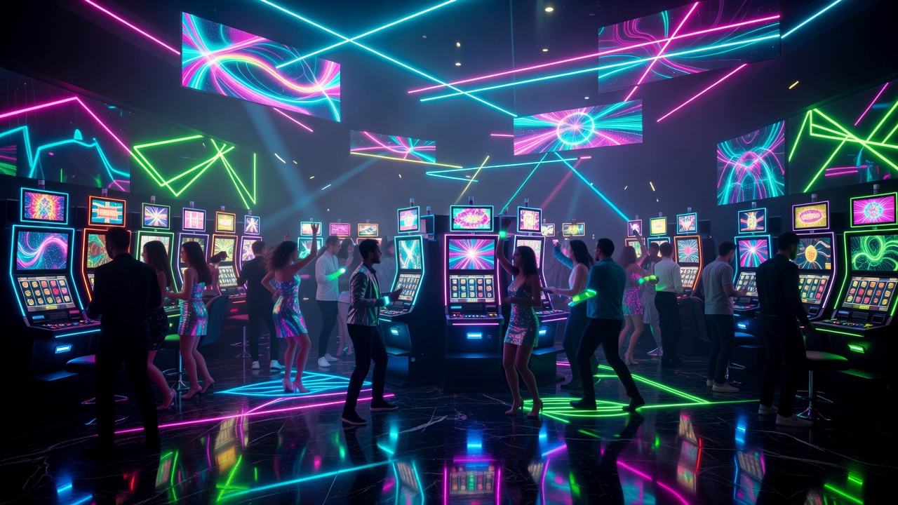 Vibrant neon slots party scene with glowing graphic lights